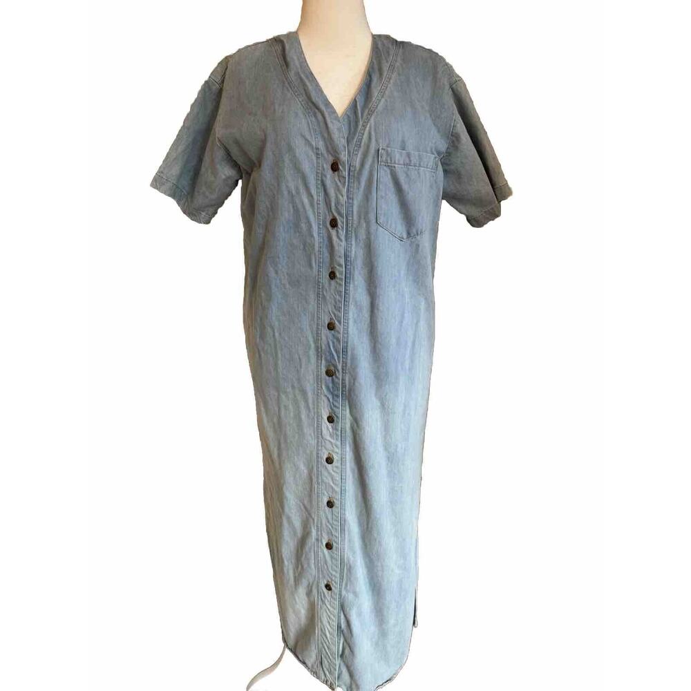 Vintage Denim Maxi Dress, 80s, Chorus Blues, Size 12, Ombre, Button Up Chambray